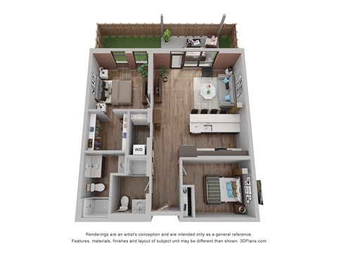 Floor plan for 2 beds, 2 baths, 951 sqft